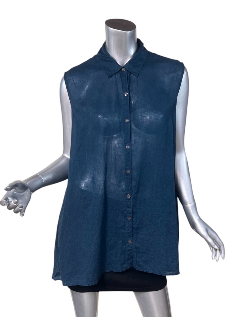 J. Jill Women’s Medium Blue Button Front Linen Cotton Blend Sleeveless Tunic Top